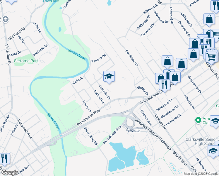map of restaurants, bars, coffee shops, grocery stores, and more near 707 Providence Way in Clarksville