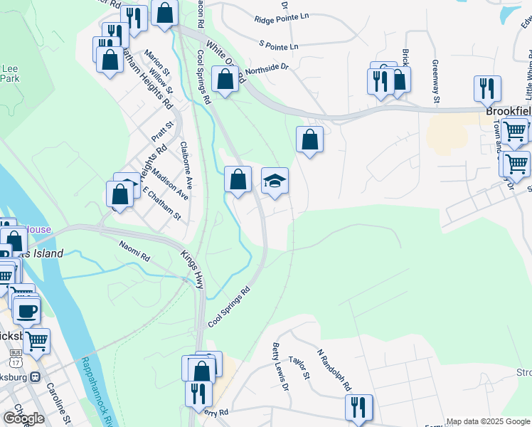 map of restaurants, bars, coffee shops, grocery stores, and more near 87 Cool Springs Road in Fredericksburg