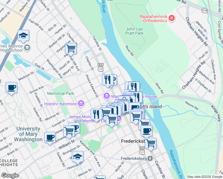 map of restaurants, bars, coffee shops, grocery stores, and more near Princess Anne Street in Fredericksburg