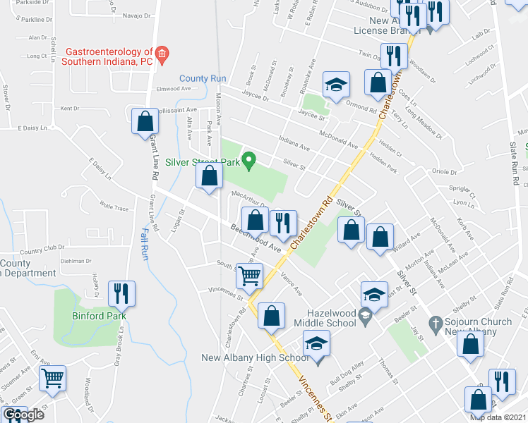 map of restaurants, bars, coffee shops, grocery stores, and more near 201-399 Bulkeley Dr in New Albany