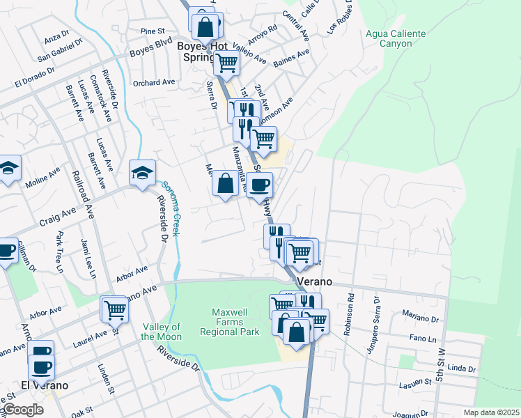 map of restaurants, bars, coffee shops, grocery stores, and more near 111 Encinas Lane in Sonoma