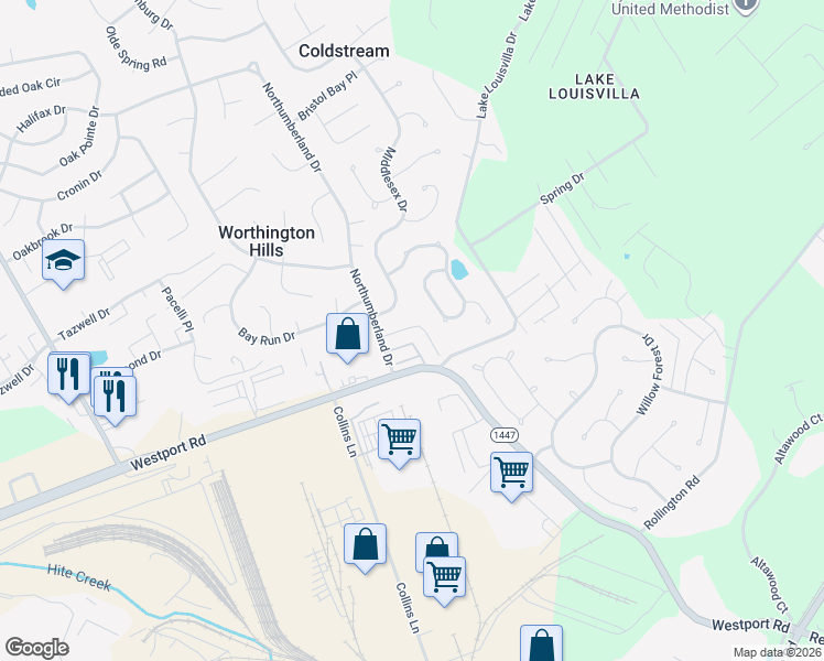 map of restaurants, bars, coffee shops, grocery stores, and more near 4615 Westport Ridge Court in Louisville