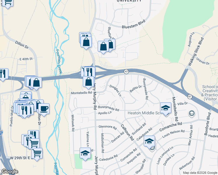 map of restaurants, bars, coffee shops, grocery stores, and more near 10 Pineridge Court in Pueblo