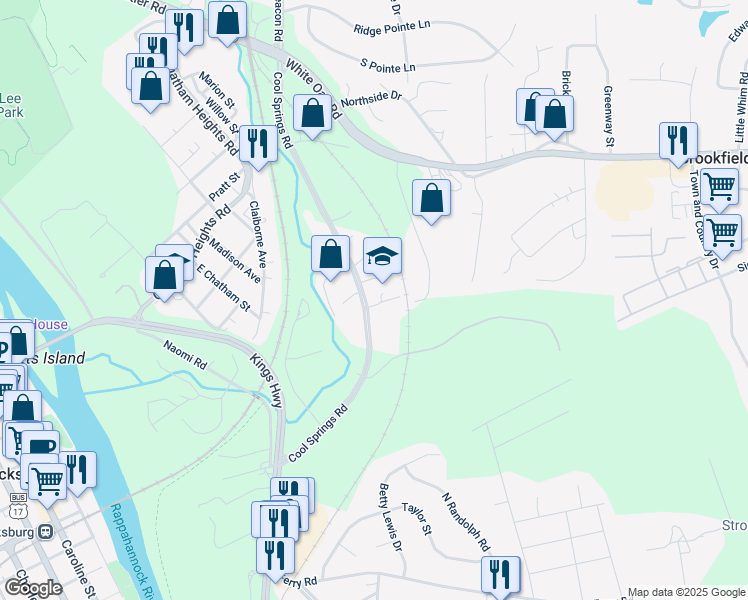 map of restaurants, bars, coffee shops, grocery stores, and more near 87 Cool Springs Road in Fredericksburg