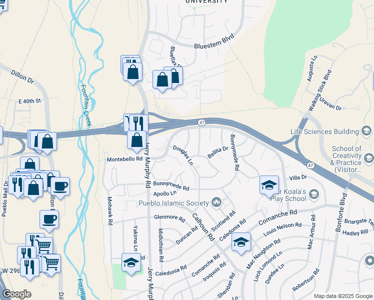 map of restaurants, bars, coffee shops, grocery stores, and more near 135 Douglas Lane in Pueblo