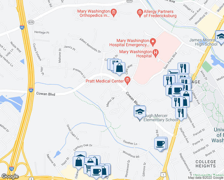 map of restaurants, bars, coffee shops, grocery stores, and more near 2528 Belmont Terrace in Fredericksburg