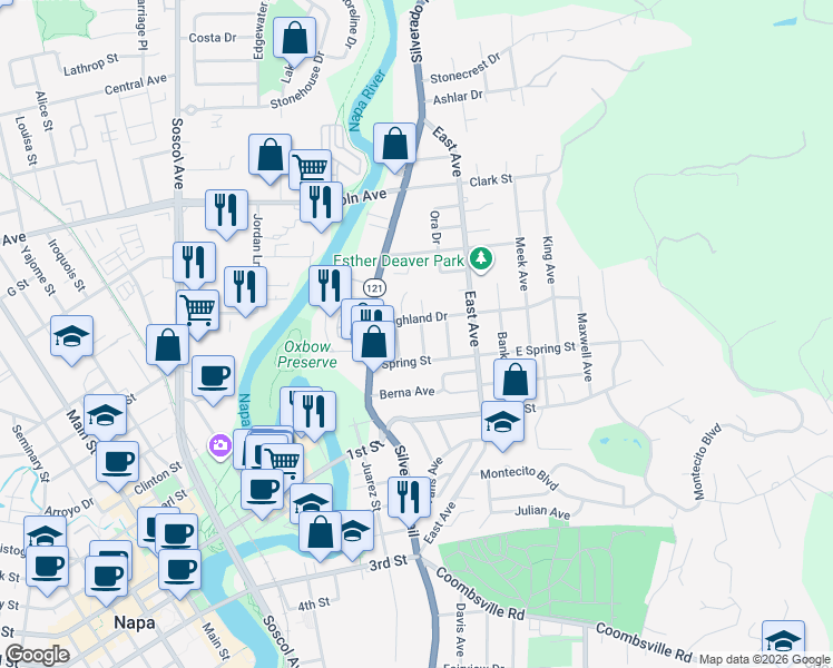 map of restaurants, bars, coffee shops, grocery stores, and more near 26 Highland Drive in Napa