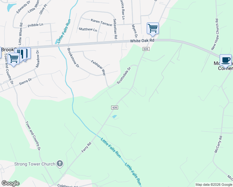 map of restaurants, bars, coffee shops, grocery stores, and more near 33 Scottsdale Drive in Fredericksburg
