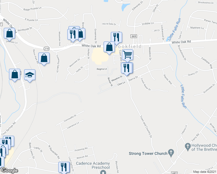 map of restaurants, bars, coffee shops, grocery stores, and more near 510 Clint Lane in Fredericksburg