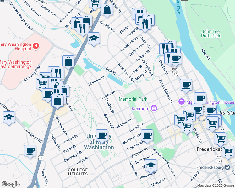 map of restaurants, bars, coffee shops, grocery stores, and more near 806 Grove Avenue in Fredericksburg