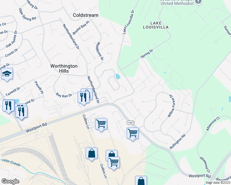 map of restaurants, bars, coffee shops, grocery stores, and more near 12710 Bay Tree Way in Louisville