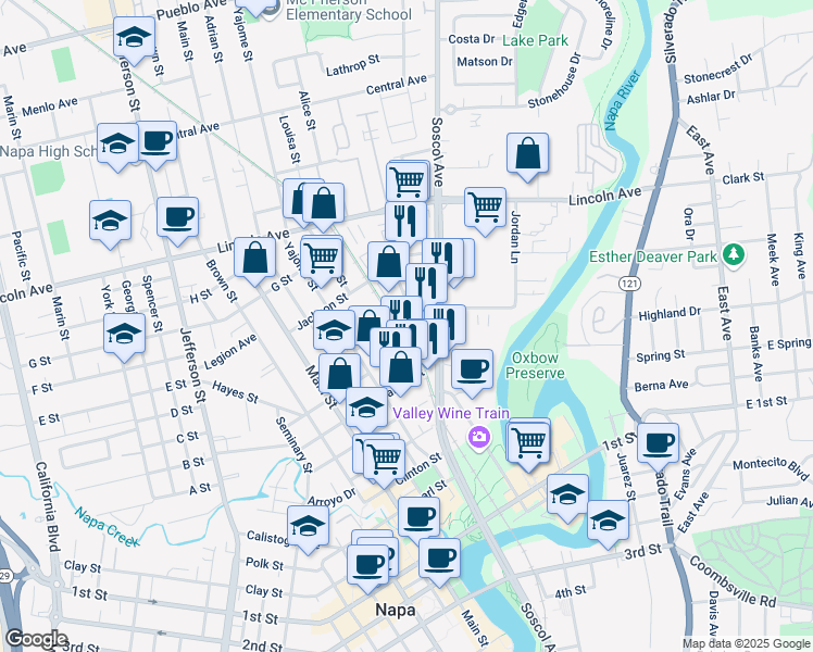 map of restaurants, bars, coffee shops, grocery stores, and more near 1790 Tanen Street in Napa
