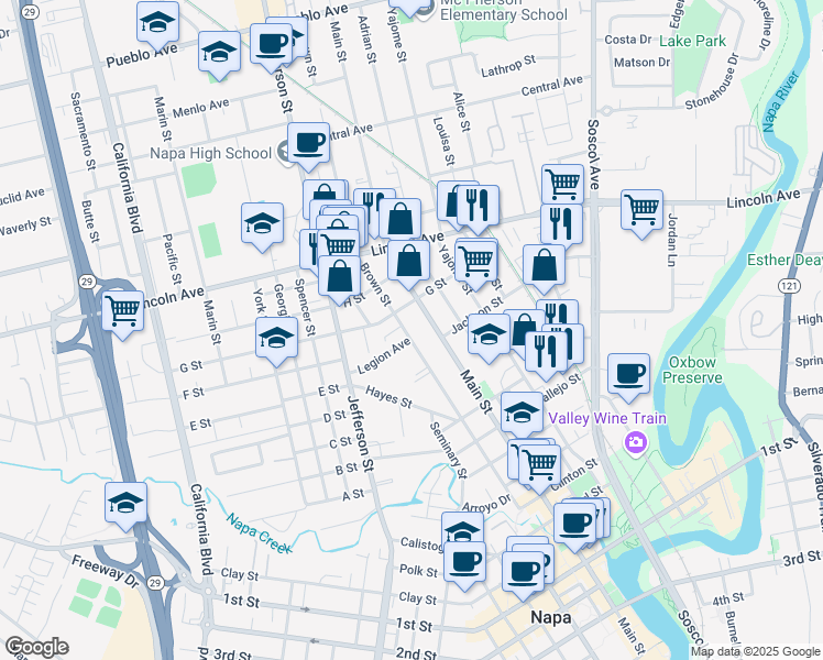 map of restaurants, bars, coffee shops, grocery stores, and more near 1938 Brown Street in Napa