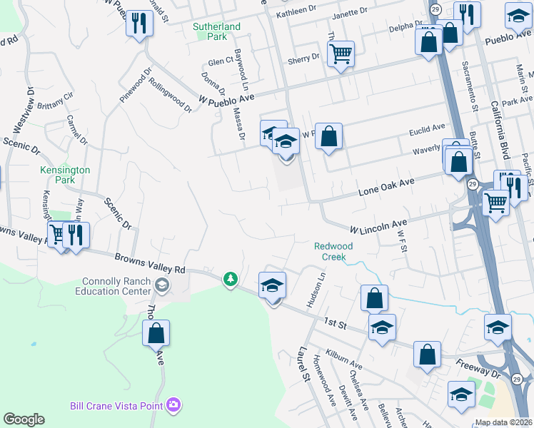 map of restaurants, bars, coffee shops, grocery stores, and more near 2394 Lone Oak Avenue in Napa