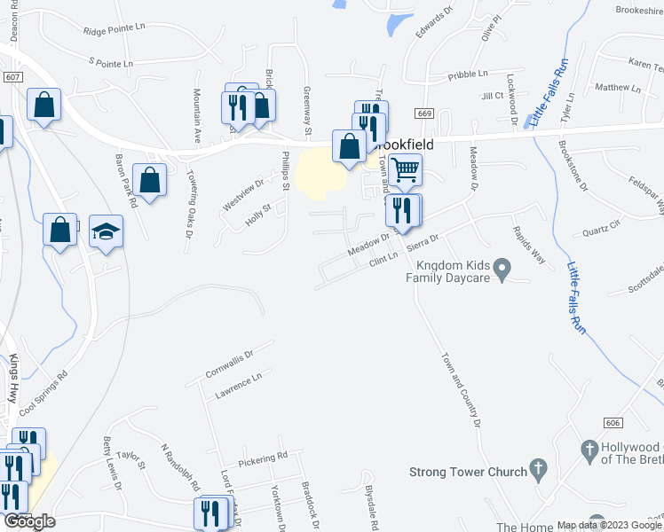 map of restaurants, bars, coffee shops, grocery stores, and more near 1410 Meadow Drive in Fredericksburg