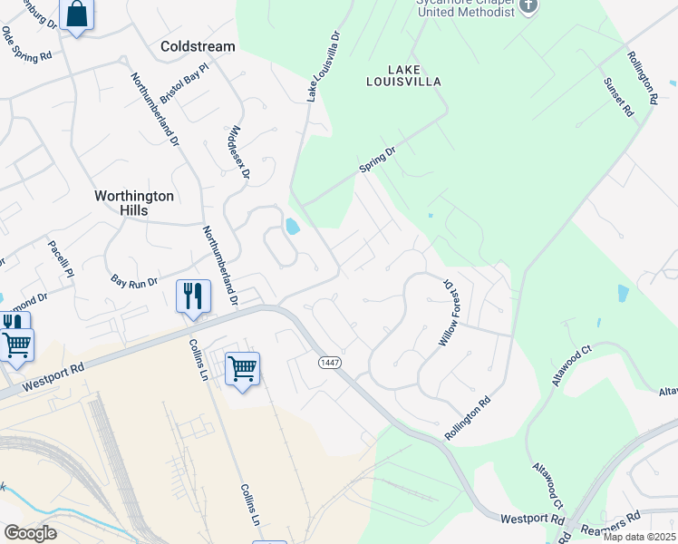 map of restaurants, bars, coffee shops, grocery stores, and more near 13510 Park Springs Lane in Louisville