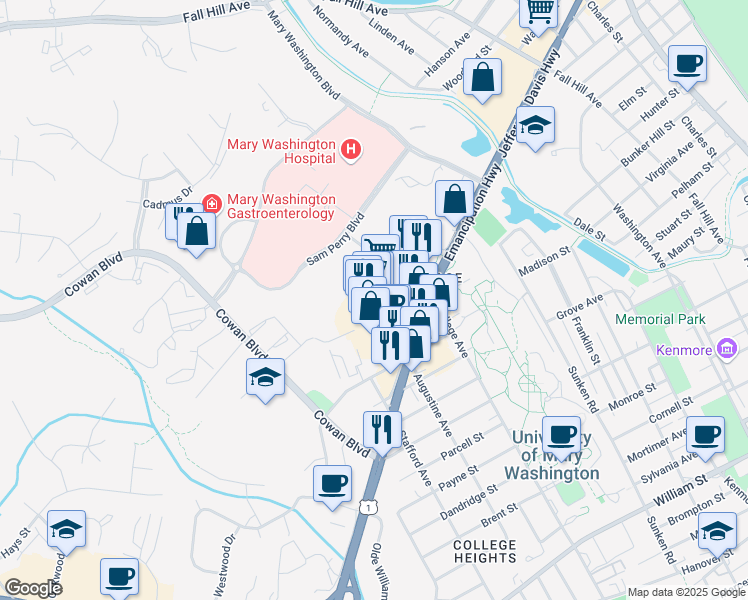 map of restaurants, bars, coffee shops, grocery stores, and more near 1249 Jefferson Davis Highway in Fredericksburg