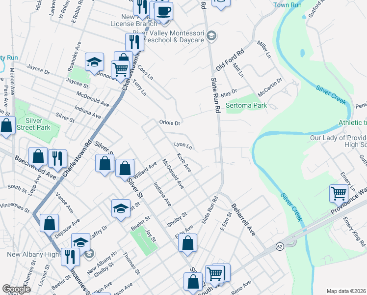 map of restaurants, bars, coffee shops, grocery stores, and more near 1613 Sprigler Court in New Albany