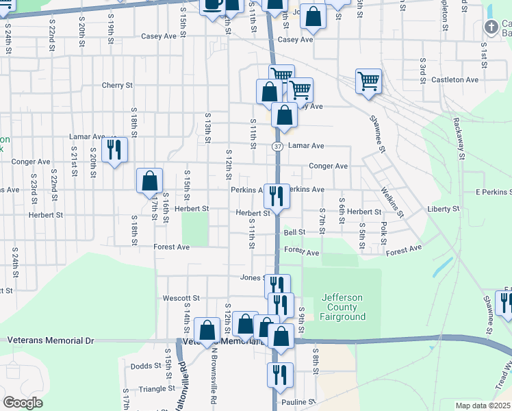 map of restaurants, bars, coffee shops, grocery stores, and more near 1101-1199 Perkins Avenue in Mount Vernon