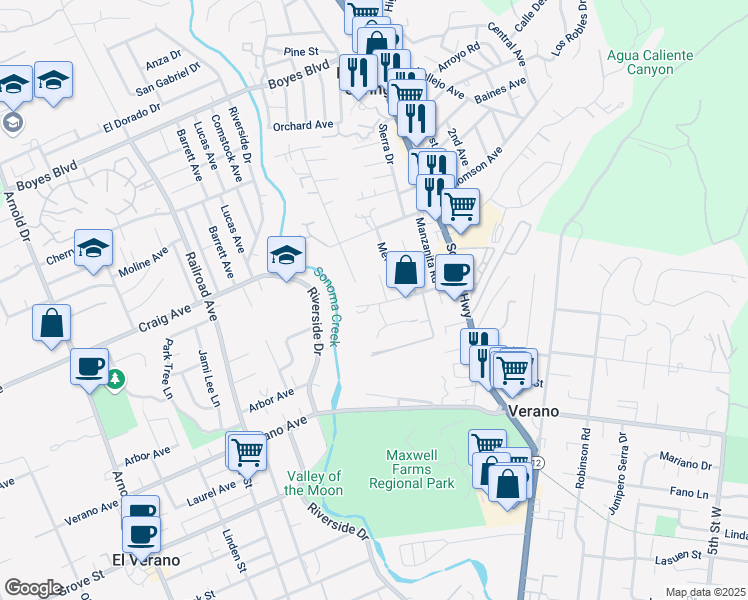 map of restaurants, bars, coffee shops, grocery stores, and more near 18588 Happy Lane in Sonoma