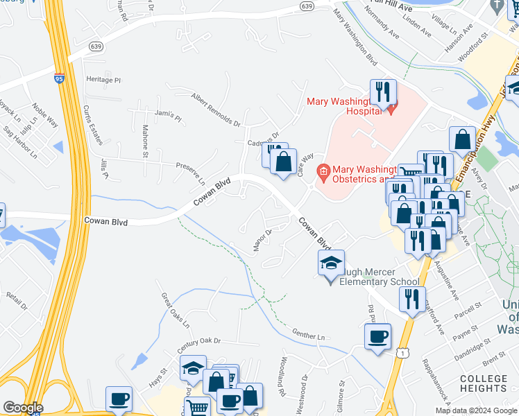 map of restaurants, bars, coffee shops, grocery stores, and more near 2560 Belmont Terrace in Fredericksburg