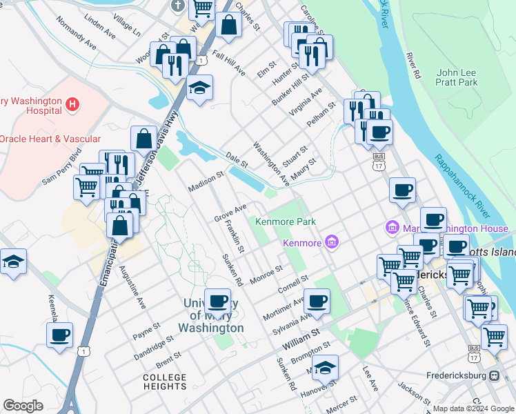 map of restaurants, bars, coffee shops, grocery stores, and more near 1446 Kenmore Avenue in Fredericksburg