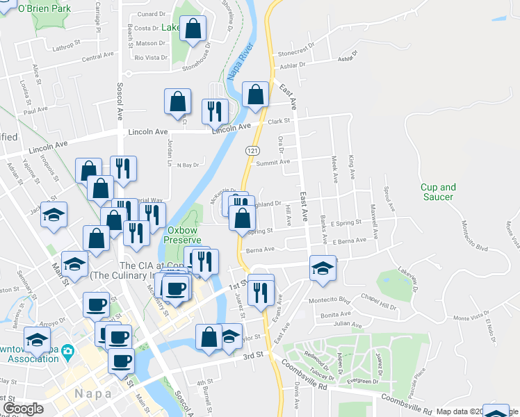 map of restaurants, bars, coffee shops, grocery stores, and more near 1422 Vista Avenue in Napa