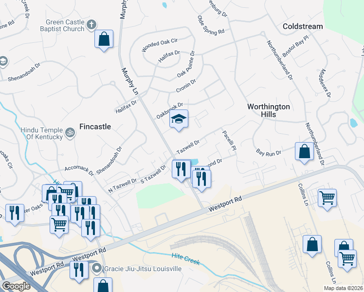 map of restaurants, bars, coffee shops, grocery stores, and more near 4301 Murphy Lane in Louisville