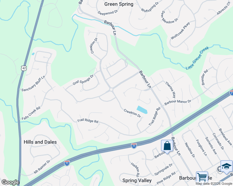 map of restaurants, bars, coffee shops, grocery stores, and more near 7604 Beechspring Farm Boulevard in Louisville
