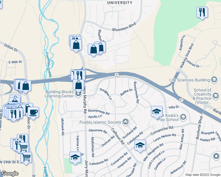 map of restaurants, bars, coffee shops, grocery stores, and more near 7 Rusticbridge Ln in Pueblo