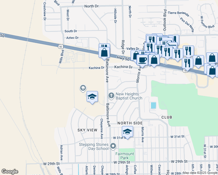 map of restaurants, bars, coffee shops, grocery stores, and more near 3473 Baltimore Avenue in Pueblo