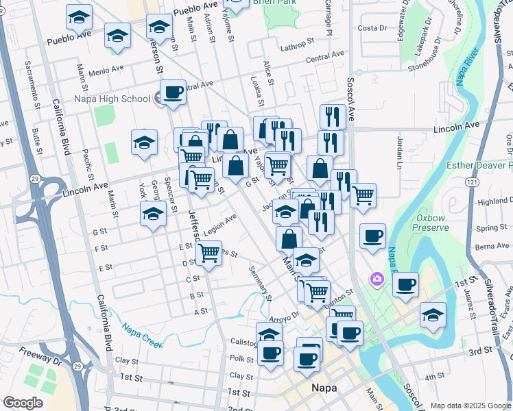 map of restaurants, bars, coffee shops, grocery stores, and more near 1924 Adrian Street in Napa