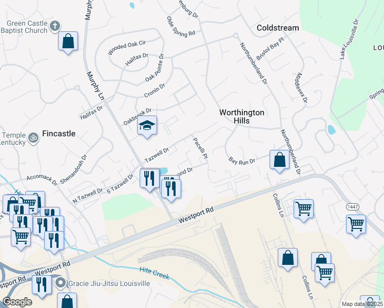 map of restaurants, bars, coffee shops, grocery stores, and more near 11861 Nansemond Place in Louisville