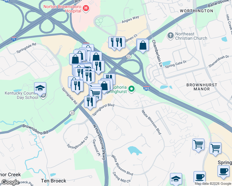 map of restaurants, bars, coffee shops, grocery stores, and more near Simcoe Lane in Louisville