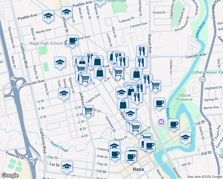 map of restaurants, bars, coffee shops, grocery stores, and more near 1924 Adrian Street in Napa