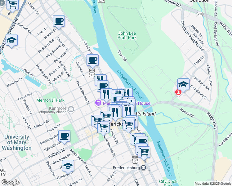 map of restaurants, bars, coffee shops, grocery stores, and more near 100 Fauquier Street in Fredericksburg