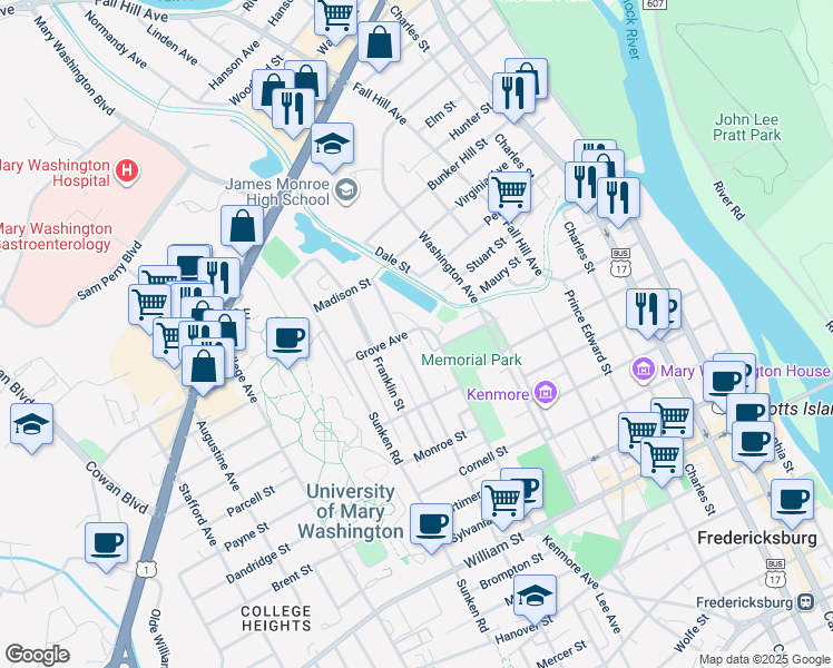 map of restaurants, bars, coffee shops, grocery stores, and more near 1442 Kenmore Avenue in Fredericksburg