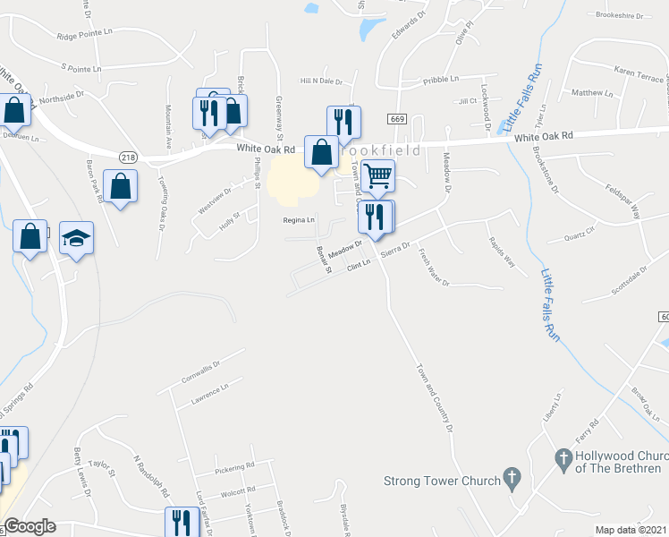 map of restaurants, bars, coffee shops, grocery stores, and more near 111 Bonair Street in Fredericksburg