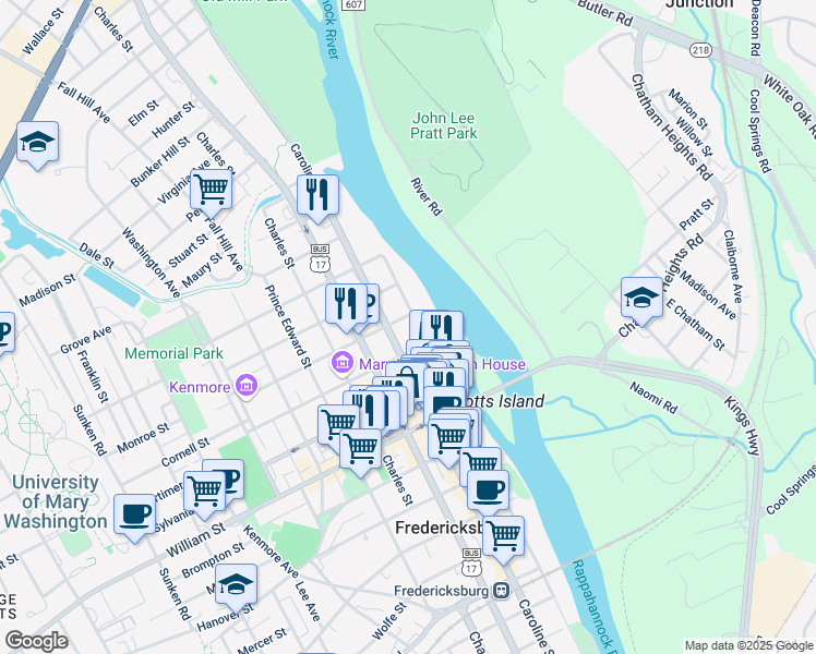 map of restaurants, bars, coffee shops, grocery stores, and more near 100 Fauquier Street in Fredericksburg