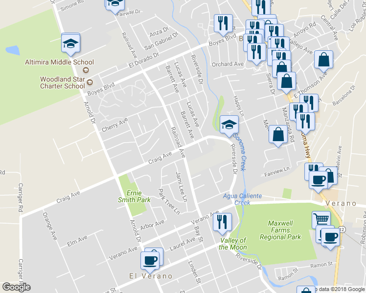 map of restaurants, bars, coffee shops, grocery stores, and more near 597 Craig Avenue in Sonoma