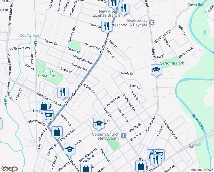 map of restaurants, bars, coffee shops, grocery stores, and more near 1543 McDonald Avenue in New Albany