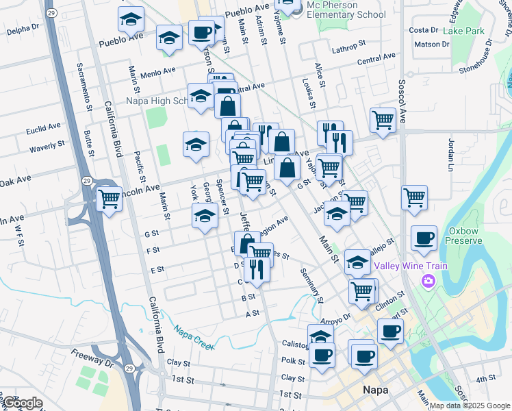 map of restaurants, bars, coffee shops, grocery stores, and more near 2180 Jefferson Street in Napa
