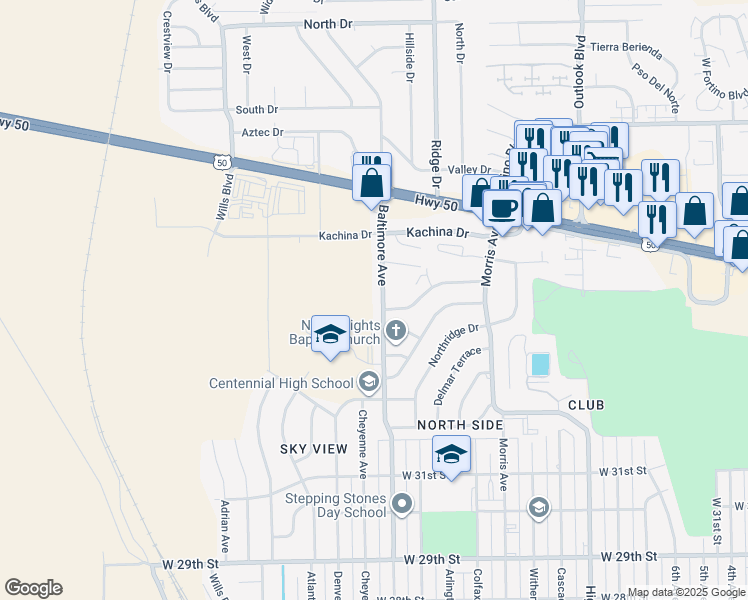 map of restaurants, bars, coffee shops, grocery stores, and more near 3473 Baltimore Avenue in Pueblo
