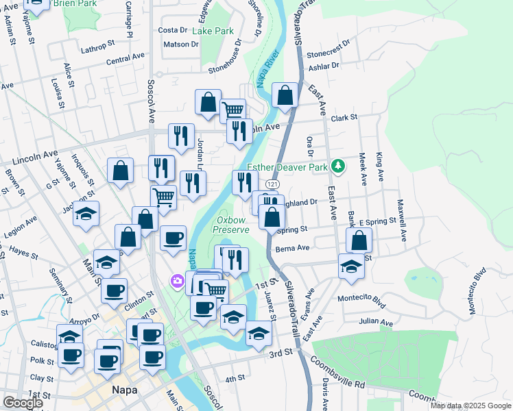 map of restaurants, bars, coffee shops, grocery stores, and more near 1044 McKenzie Drive in Napa