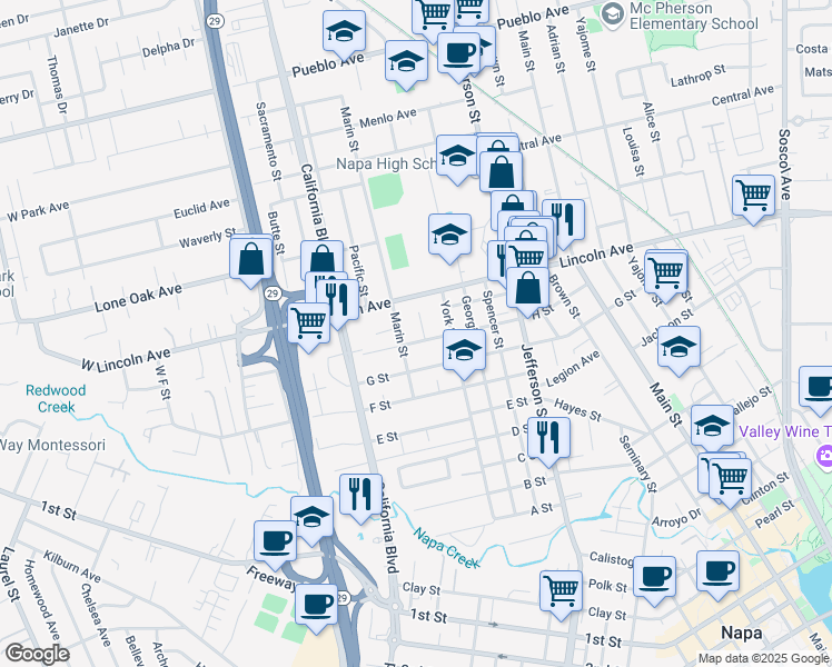 map of restaurants, bars, coffee shops, grocery stores, and more near 2233 Vidal Street in Napa