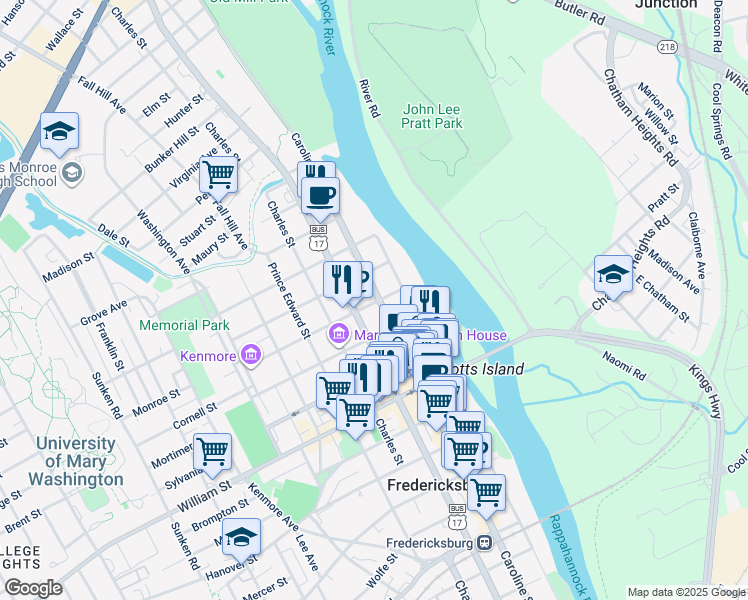 map of restaurants, bars, coffee shops, grocery stores, and more near 1300 Caroline Street in Fredericksburg
