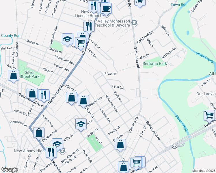 map of restaurants, bars, coffee shops, grocery stores, and more near 2401 Lyon Lane in New Albany