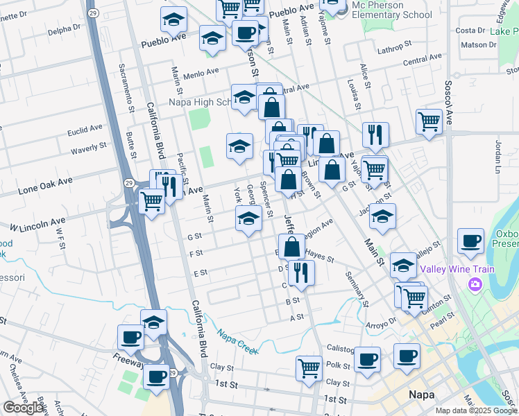 map of restaurants, bars, coffee shops, grocery stores, and more near 1429 H Street in Napa