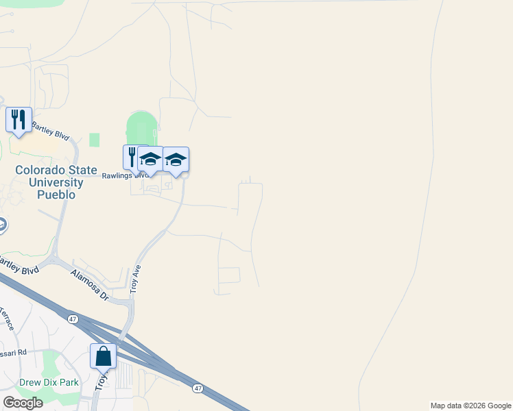 map of restaurants, bars, coffee shops, grocery stores, and more near Troy Avenue in Pueblo