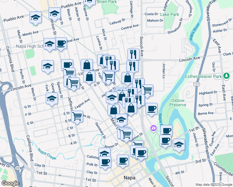 map of restaurants, bars, coffee shops, grocery stores, and more near 895 Jackson Street in Napa